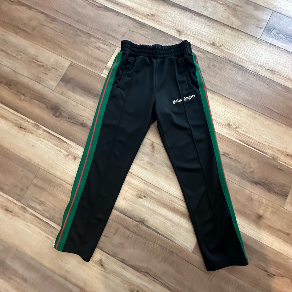 Palm Angels Black Track Sweatpants with Green and Red Side Stripes